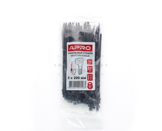 Кабельная стяжка многоразовая 5*200 черная (пач. 100 штук)  APRO STM-B5200 фото 1