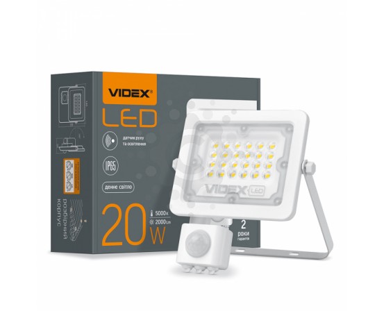 LED прожектор VIDEX F2e 20W 5000K с датчиком движения и освещения VL-F2e205W-S