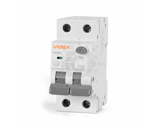 Дифференционный автомат VIDEX RESIST АС 2п 30мА 6кА 10А VF-RS6-DA2AC10