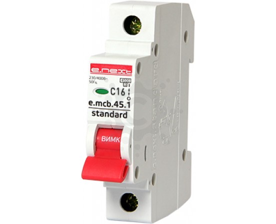 Модульний автоматичний вимикач E.NEXT e.mcb.stand.45.1.C16, 1р, 16А, C, 4,5 кА s002008