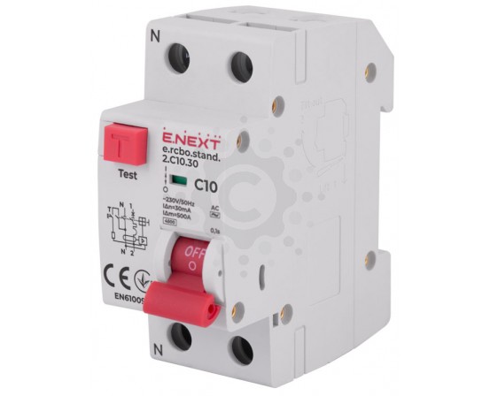 Выключатель дифференциального тока с защитой от сверхтоков E.NEXT e.rcbo.stand.2.C10.30, 1P+N, 10А, С, 30мА s034102