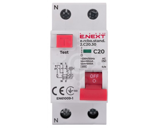 Выключатель дифференциального тока с защитой от сверхтоков e.rcbo.stand.2.C20.30, 1P+N, 20А, С, 30мА s034104 фото 1