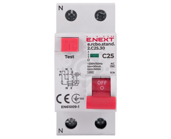 Выключатель дифференциального тока с защитой от сверхтоков E.NEXT e.rcbo.stand.2.C25.30, 1P+N, 25А, С, 30мА s034105 фото 1