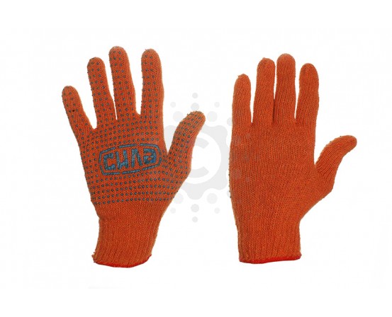 Перчатки СИЛА нейлоновые оранжевые с мелкой синей ПВХ точкой  480109