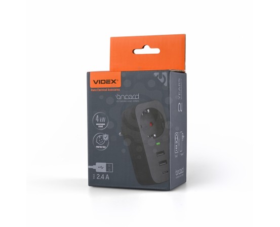 Мережевий адаптер VIDEX ONCORD з/з 1п 2.4A 2USB+USB-C Black VF-AD1G2U1C-B